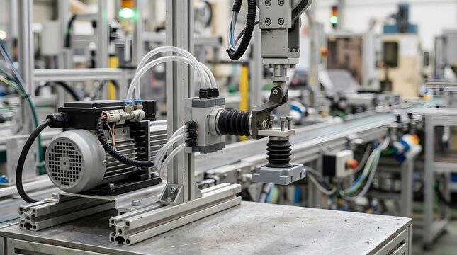 robotic electric suction pump beside a vacuum gripper assembly for automated material handling, pneumatic control and industrial robotics