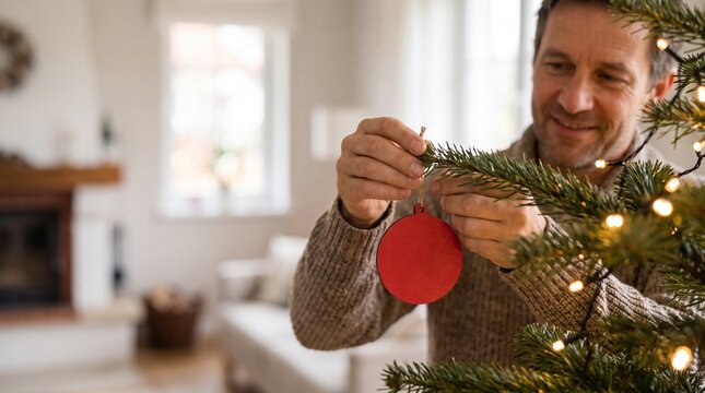 クリスマスツリーの枝にオーナメントを飾る男性の横顔と手元
