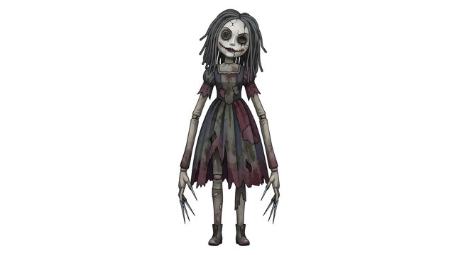 Creepy rag doll with stitched eyes and long sharp fingers wearing tattered dress for horror themes and spooky decor isolated on transparent background.