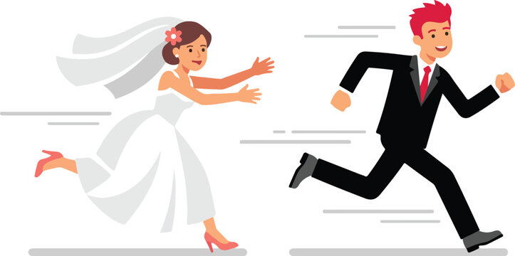 Bride running fast and chasing groom in wedding dress vector illustration