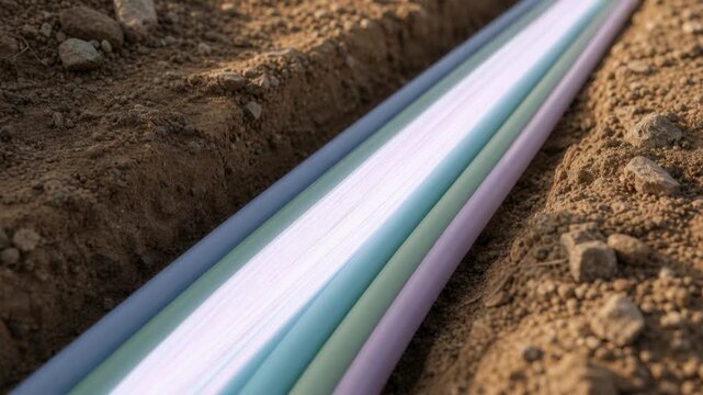 Close up of colorful underground utility pipes laid in a trench for infrastructure and construction work