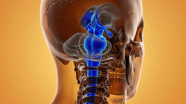 3D medical illustration showing a human skull with the brain stem and spinal cord highlighted in blue against an orange background