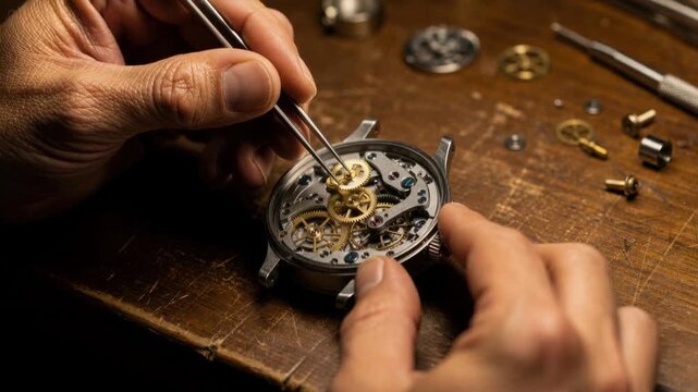 Close up of skilled watchmaker repairing mechanical watch gears with precision tools on wooden desk