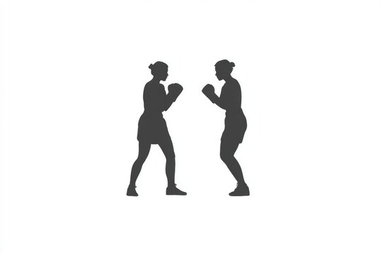 A silhouette of two women boxing against a white background. they are both wearing boxing gloves and appear to be in the middle of a sparring match.