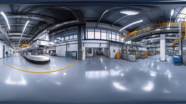 360 degree panorama view.A 3D image shows a modern factory or industrial building in a 360-degree virtual reality view.