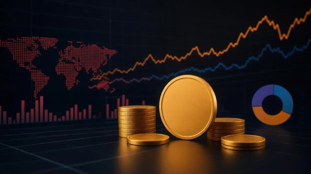 Stack of golden coins with financial charts and world map background representing investment and global economy