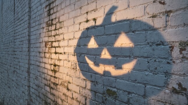 Jack-o'-lantern projection casting illuminated pumpkin shadow on brick wall at night