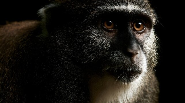 Close up portrait of a monkey with dark fur and expressive brown eyes  set against a stark black background