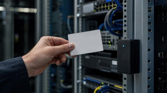Hand using access card for secure entry in modern data center with network servers and cables