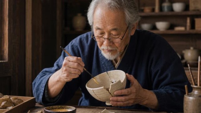 Elderly man practicing traditional Japanese art of repairing pottery with gold lacquer in a cozy workshop