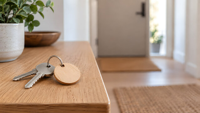 House keys with a blank wooden tag on a light entryway table