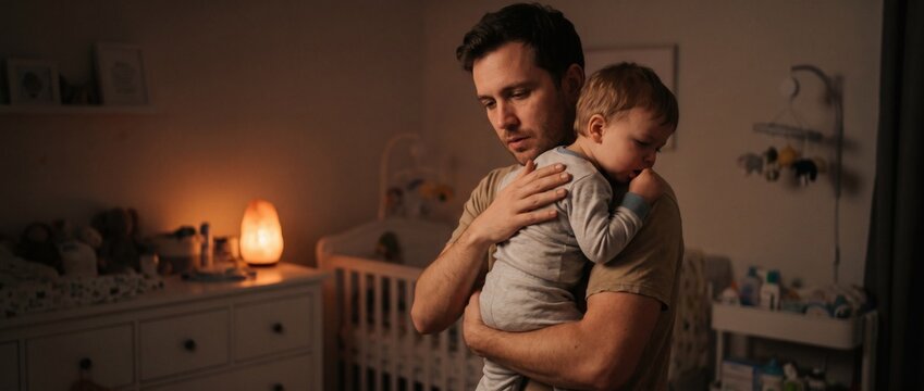 Loving father holding sleeping infant baby in cozy dark bedroom beside warm glowing salt rock lamp. Caring parent comforting newborn child during peaceful bedtime evening routine setting.