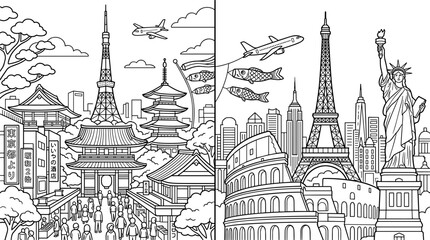 Obraz premium Split scene vector illustration of famous landmarks from Tokyo and Paris, line art style, for coloring or travel concepts.