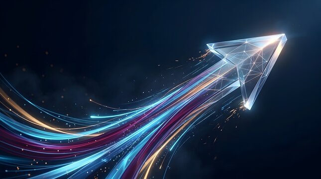 Abstract glass arrow shape with glowing light trails moving upwards against dark background symbolizing growth progress and innovation