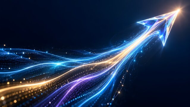 Abstract glowing arrow made of crystal shards and light trails soaring upwards against a dark blue background symbolizing growth and progress