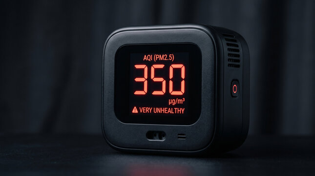 Air Quality Monitor Device Displaying High PM2.5 Pollution Level and Unhealthy AQI Index