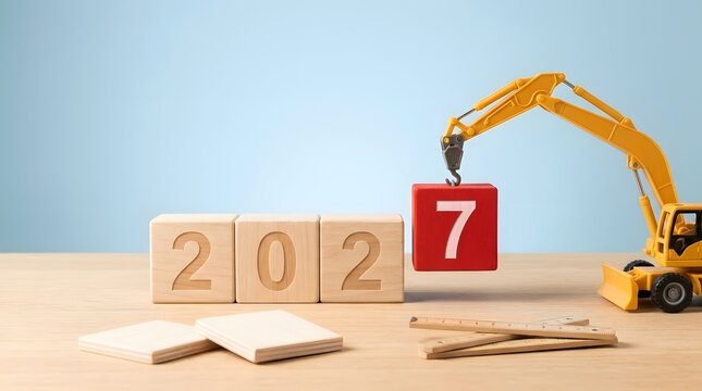 Toy excavator crane placing number 7 block building 2027 year concept
