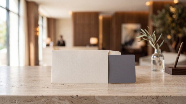 Blank grey hotel key card mockup inserted in paper envelope sleeve