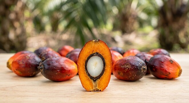 Oil Palm Fruit Cross Section with Fresh Palm Fruits on Wooden Surface