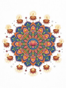 Diwali vector illustration, beautiful rangoli mandala with several small glowing diyas around it, colorful pencil art