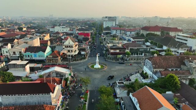Wide aerial view of Tugu Jogja monument and surrounding Yogyakarta streets