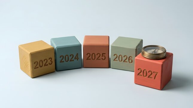 Wooden blocks timeline with 2027 year and compass business direction concept