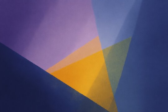 An abstract painting with a blue background and a yellow triangle in the middle. the triangle is different colors creating a vibrant and eyecatching composition.