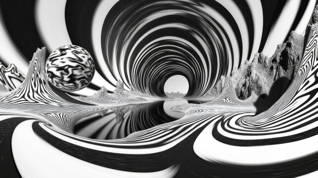 360 degree panorama view.A 3D image shows a swirling black and white design, like a virtual reality scene you can look all around in.