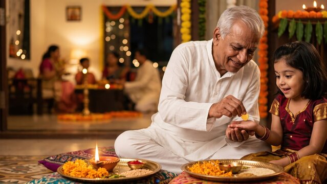 Indian Grandfather Gifting Gold Coin to Grandchild &ndash; Diwali Blessing and Family Tradition.