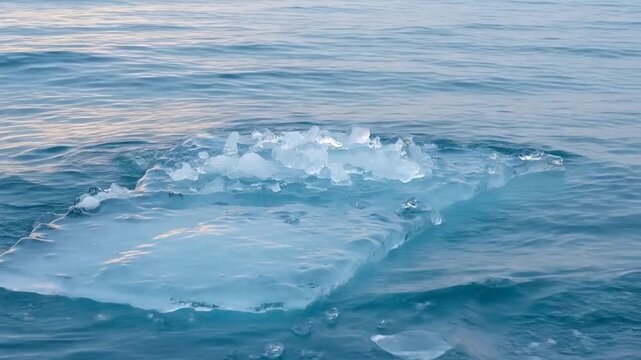 Floating ice floe with fragmented chunks drifting in calm blue ocean waters