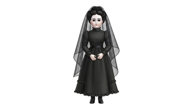 Gothic mourning doll wearing elegant black victorian funeral dress and sheer lace veil with pale white skin for dark fantasy game character design.