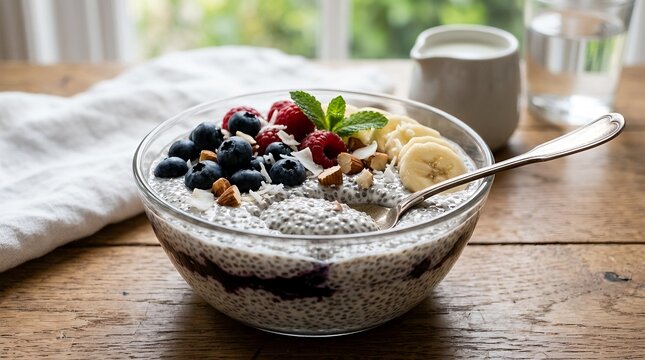 Healthy chia seed pudding in a glass bowl with fresh blueberries raspberries and banana slices on a rustic wooden kitchen table in the morning light