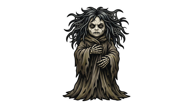 Ghostly skeletal doll figure in tattered dark robes with cobwebs isolated on white for dark fantasy storytelling and eerie halloween graphic art design.