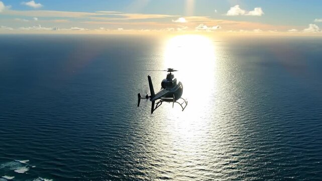 Helicopter crossing ocean aerial view above sunset water, horizon glare and open coastline for maritime patrol, scenic air travel, search mission, offshore transport, and aviation coverage media