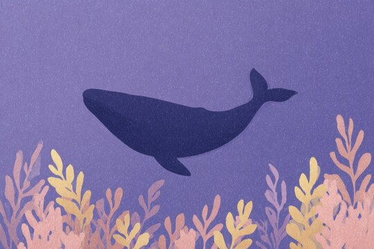A blue whale swimming in the ocean surrounded by aquatic plants. the painting is done in a watercolor style giving it a soft and dreamy feel.