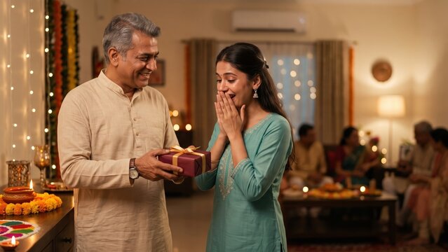 Indian Father Gifting Smartphone to Daughter &ndash; Diwali Technology Gift and Emotional Family Moment