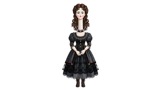 Gothic style long necked doll wearing dark vintage dress and boots perfect for halloween decorations digital assets and horror gaming graphics.