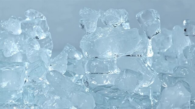 Clear ice cubes falling and stacking in slow motion against light blue background