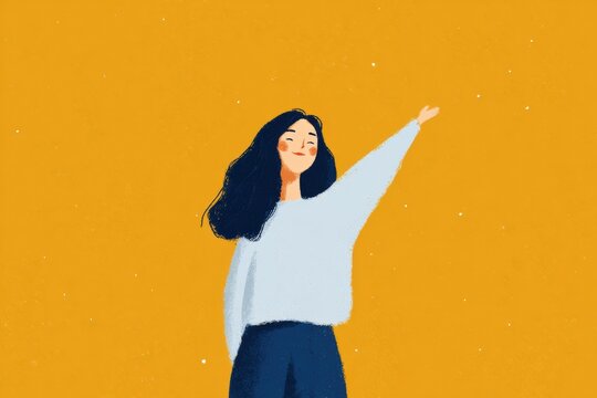 An illustration of a woman with her arms outstretched in the air wearing a white and blue dress against a bright yellow background.
