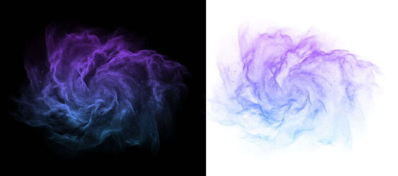 Purple magic smoke cloud explosion with glowing blue particles