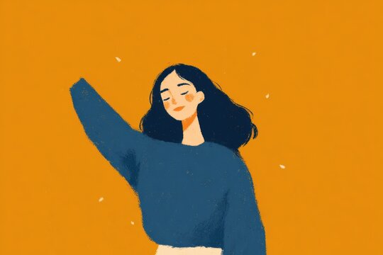 An illustration of a woman with her arms outstretched in the air against an orange background. she is wearing a white dress and her hair is pulled back in a bun.