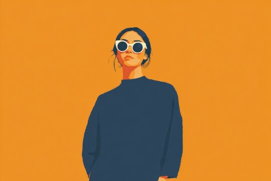 A woman wearing a blue sweater and sunglasses standing against an orange background. she has a confident stance and her hair is pulled back in a neat bun.