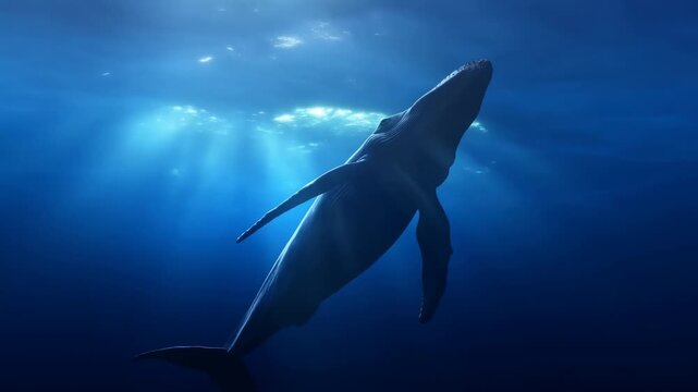 Humpback whale glides upward through deep blue ocean water toward sunlit surface, with long pectoral fins and broad body illuminated by bright shafts of light from above