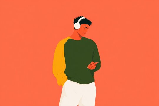 A man wearing a green and yellow sweater and white pants with headphones on standing against an orange background.