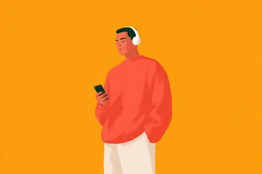 A man wearing a red sweater and white pants with headphones on standing and looking at his cell phone. the background is a bright yellow color.