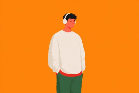 A man wearing a white shirt and green pants with headphones on standing against an orange background.