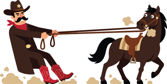 Sheriff cowboy pulling hard on reins of stubborn horse vector illustration