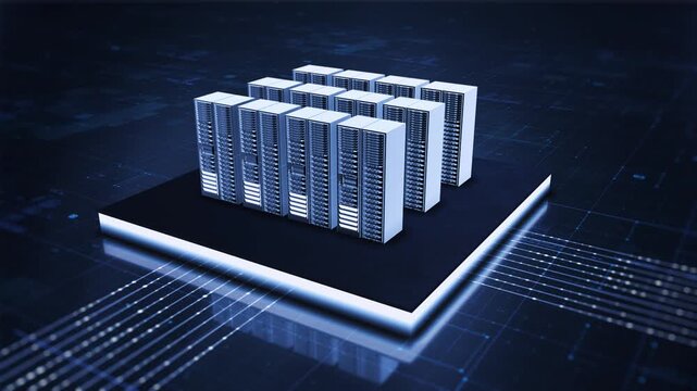 Storage server database, 3D-render server cluster sits on a glow dark platform, digital data lines extending from it, set against a blue tech grid background, cloud computing and data infrastructure.