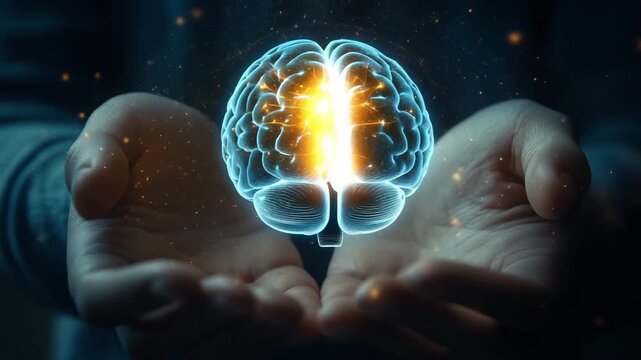 Two hands hold a glowing brain visualizing neural activity and connections in a digital format during a scientific presentation