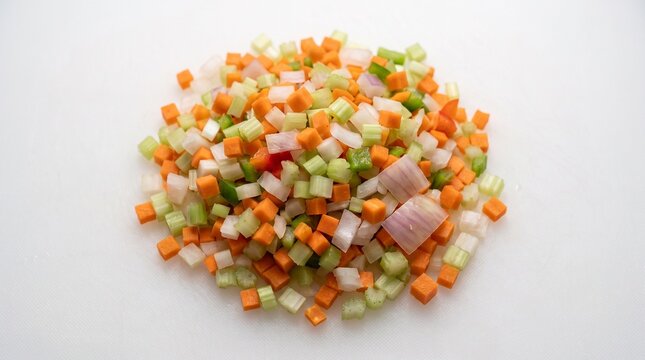 Mirepoix vegetable mix finely diced into small cubes including carrots celery and onions arranged in a pile on a clean white surface ready for cooking gourmet recipes and traditional soup